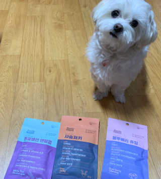 푸디웜 주식회사 [푸디웜] 강아지 저알러지 수제간식 3종세트 — 4.5점을 준 리뷰어가 2019년 2월 올린 사용 사진