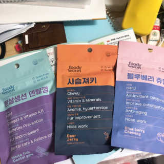 푸디웜 주식회사 [푸디웜] 강아지 저알러지 수제간식 3종세트 — 4.83점을 준 리뷰어가 2018년 11월 올린 사용 사진