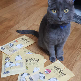 [펫토리아]짜먹는 한입뚝딱 강아지.고양이 마약간식 — 5점을 준 리뷰어가 2019년 7월 올린 사용 사진