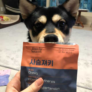 푸디웜 주식회사 [푸디웜] 강아지 저알러지 수제간식 3종세트 — 4.5점을 준 리뷰어가 2019년 2월 올린 사용 사진