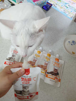 [캣시피] 고양이들의 반찬, 대용량 츄르 3종 — 5점을 준 리뷰어가 2020년 8월 올린 사용 사진
